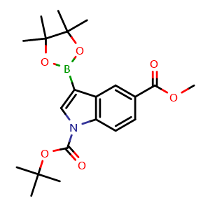Chemical structure of 1-(tert-butyl) 5-methyl 3-(4,4,5,5-tetramethyl-1,3,2-dioxaborolan-2-yl)-1H-indole-1,5-dicarboxylate , CAS 2304634-20-4, AChemBlock Y218290