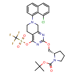 Chemical structure of (S)-2-[(1-Boc-2-pyrrolidinyl)methoxy]-7-(8-chloro-1-naphthyl)-5,6,7,8-tetrahydropyrido[3,4-d]pyrimidin-4-yl Trifluoromethanesulfonate , CAS 2326525-47-5, AChemBlock Y218309