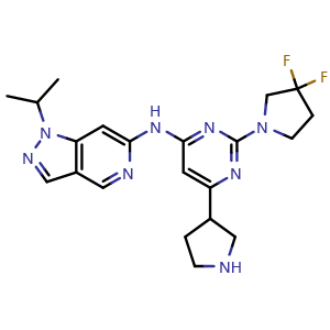 Chemical structure of 6-[[2-(3,3-Difluoro-1-pyrrolidinyl)-6-(3-pyrrolidinyl)-4-pyrimidinyl]amino]-1-isopropyl-1H-pyrazolo[4,3-c]pyridine , CAS 2680616-96-8, AChemBlock Y218378