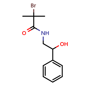 Chemical structure of 2-Bromo-N-(2-hydroxy-2-phenylethyl)-2-methylpropanamide , CAS 1226026-55-6, AChemBlock Y218382
