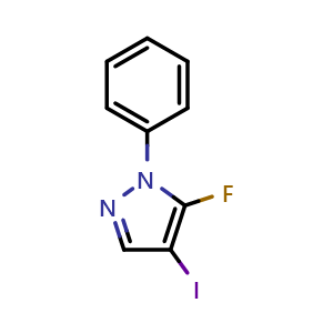 Chemical structure of 5-fluoro-4-iodo-1-phenyl-1H-pyrazole , CAS 1696793-02-8, AChemBlock Y218485
