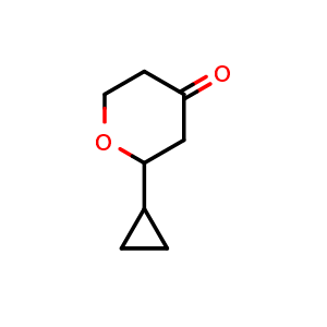 Chemical structure of 2-cyclopropyltetrahydro-4H-pyran-4-one , CAS 1342823-44-2, AChemBlock Y218550