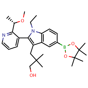 Chemical structure of (S)-3-(1-ethyl-2-(2-(1-methoxyethyl)pyridin-3-yl)-5-(4,4,5,5-tetramethyl-1,3,2-dioxaborolan-2-yl)-1H-indol-3-yl)-2,2-dimethylpropan-1-ol , CAS 2641824-08-8, AChemBlock Y218554
