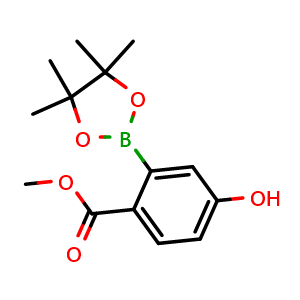 Chemical structure of methyl 4-hydroxy-2-(4,4,5,5-tetramethyl-1,3,2-dioxaborolan-2-yl)benzoate , CAS 1351379-37-7, AChemBlock Y218579