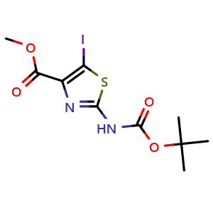 Chemical structure of methyl 2-((tert-butoxycarbonyl)amino)-5-iodothiazole-4-carboxylate , CAS 2374757-96-5, AChemBlock Y218591