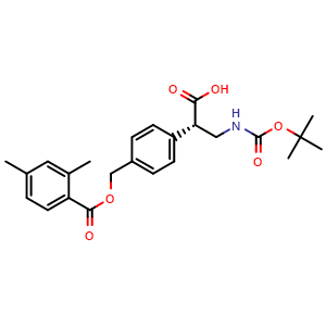 Chemical structure of (S)-3-((tert-butoxycarbonyl)amino)-2-(4-(((2,4-dimethylbenzoyl)oxy)methyl)phenyl)propanoic acid , CAS 2097334-20-6, AChemBlock Y218635