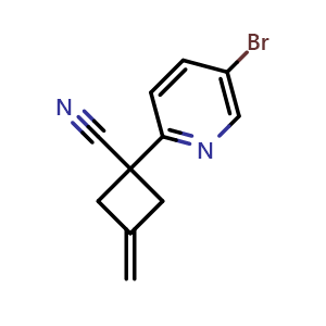 Chemical structure of 1-(5-bromopyridin-2-yl)-3-methylenecyclobutane-1-carbonitrile , CAS 2328101-45-5, AChemBlock Y218641