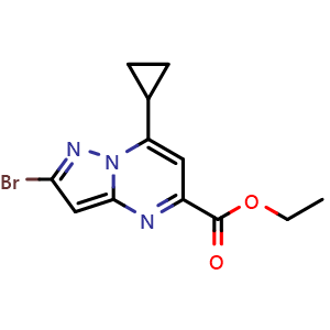 Chemical structure of ethyl 2-bromo-7-cyclopropylpyrazolo[1,5-a]pyrimidine-5-carboxylate , CAS 2035417-93-5, AChemBlock Y218645