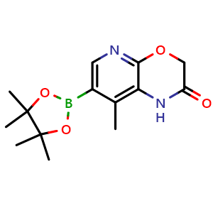 Chemical structure of 8-methyl-7-(4,4,5,5-tetramethyl-1,3,2-dioxaborolan-2-yl)-1H-pyrido[2,3-b][1,4]oxazin-2(3H)-one , CAS 2409846-29-1, AChemBlock Y218647