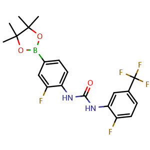 Chemical structure of 1-(2-fluoro-4-(4,4,5,5-tetramethyl-1,3,2-dioxaborolan-2-yl)phenyl)-3-(2-fluoro-5-(trifluoromethyl)phenyl)urea , CAS 1233407-68-5, AChemBlock Y218660