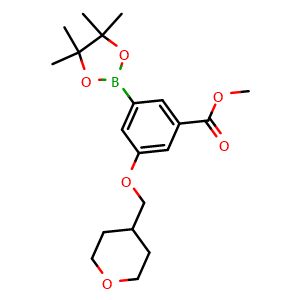 Chemical structure of methyl 3-((tetrahydro-2H-pyran-4-yl)methoxy)-5-(4,4,5,5-tetramethyl-1,3,2-dioxaborolan-2-yl)benzoate , CAS 1948233-84-8, AChemBlock Y218674