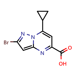 Chemical structure of 2-bromo-7-cyclopropylpyrazolo[1,5-a]pyrimidine-5-carboxylic acid , CAS 2035418-56-3, AChemBlock Y218679