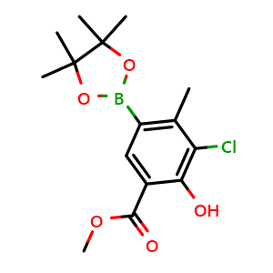 Chemical structure of methyl 3-chloro-2-hydroxy-4-methyl-5-(4,4,5,5-tetramethyl-1,3,2-dioxaborolan-2-yl)benzoate , CAS 1820815-12-0, AChemBlock Y218680