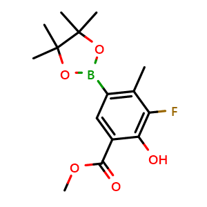 Chemical structure of Methyl 3-fluoro-2-hydroxy-4-methyl-5-(4,4,5,5-tetramethyl-1,3,2-dioxaborolan-2-yl)benzoate , CAS 1820814-98-9, AChemBlock Y218694