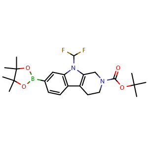 Chemical structure of tert-butyl 9-(difluoromethyl)-7-(4,4,5,5-tetramethyl-1,3,2-dioxaborolan-2-yl)-1,3,4,9-tetrahydro-2H-pyrido[3,4-b]indole-2-carboxylate , CAS 2589701-35-7, AChemBlock Y218700