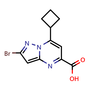 Chemical structure of 2-bromo-7-cyclobutylpyrazolo[1,5-a]pyrimidine-5-carboxylic acid , CAS 2035418-55-2, AChemBlock Y218708