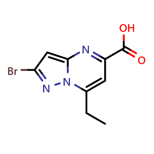 Chemical structure of 2-bromo-7-ethylpyrazolo[1,5-a]pyrimidine-5-carboxylic acid , CAS 2035418-54-1, AChemBlock Y218762