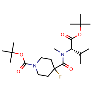 Chemical structure of tert-butyl (S)-4-((1-(tert-butoxy)-3-methyl-1-oxobutan-2-yl)(methyl)carbamoyl)-4-fluoropiperidine-1-carboxylate , CAS 2641824-45-3, AChemBlock Y218766