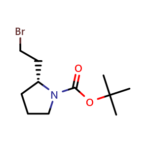 Chemical structure of tert-butyl (2R)-2-(2-bromoethyl)pyrrolidine-1-carboxylate , CAS 2137092-47-6, AChemBlock Y218775