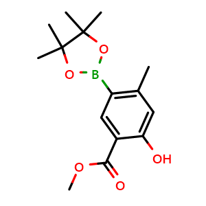 Chemical structure of methyl 2-hydroxy-4-methyl-5-(4,4,5,5-tetramethyl-1,3,2-dioxaborolan-2-yl)benzoate , CAS 1820814-04-7, AChemBlock Y218822