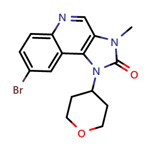 Chemical structure of 8-bromo-3-methyl-1-(tetrahydro-2H-pyran-4-yl)-1,3-dihydro-2H-imidazo[4,5-c]quinolin-2-one , CAS 1821429-20-2, AChemBlock Y218904