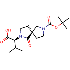 Chemical structure of (S)-2-((R)-7-(tert-butoxycarbonyl)-1-oxo-2,7-diazaspiro[4.4]nonan-2-yl)-3-methylbutanoic acid , CAS 2641823-77-8, AChemBlock Y218970