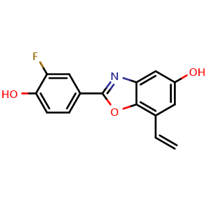 Chemical structure of 2-(3-fluoro-4-hydroxyphenyl)-7-vinylbenzo[d]oxazol-5-ol , CAS 524684-52-4, AChemBlock Y218971