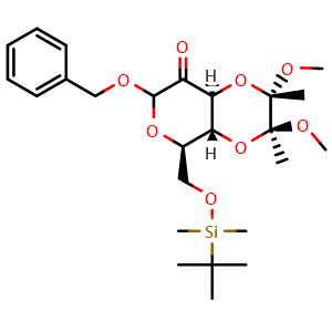 Chemical structure of (2S,3S,4aR,5R,8aS)-7-(benzyloxy)-5-(((tert-butyldimethylsilyl)oxy)methyl)-2,3-dimethoxy-2,3-dimethyltetrahydro-2H-pyrano[3,4-b][1,4]dioxin-8(3H)-one , CAS /, AChemBlock Y218978