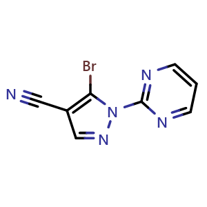 Chemical structure of 5-Bromo-1-(pyrimidin-2-yl)-1H-pyrazole-4-carbonitrile , CAS 1269291-98-6, AChemBlock Y218980
