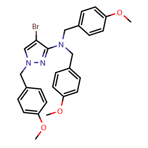 Chemical structure of 4-bromo-N,N,1-tris[(4-methoxyphenyl)methyl]-1H-Pyrazol-3-amine, , CAS 930286-87-6, AChemBlock Y218982