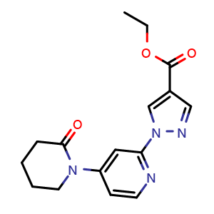 Chemical structure of ethyl 1-(4-(2-oxopiperidin-1-yl)pyridin-2-yl)-1H-pyrazole-4-carboxylate , CAS 1449117-46-7, AChemBlock Y219020