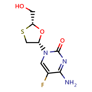Chemical structure of 4-amino-5-fluoro-1-((2R,5S)-2-(hydroxymethyl)-1,3-oxathiolan-5-yl)pyrimidin-2(1H)-one , CAS 143491-54-7, AChemBlock Y219047