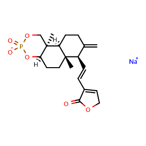 Chemical structure of sodium (4aR,6aR,7R,10aS,10bR)-6a,10b-dimethyl-8-methylene-7-((E)-2-(2-oxo-2,5-dihydrofuran-3-yl)vinyl)decahydro-1H-naphtho[2,1-d][1,3,2]dioxaphosphinin-3-olate 3-oxide , CAS 824933-94-0, AChemBlock Y219048