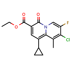 Chemical structure of ethyl 8-chloro-1-cyclopropyl-7-fluoro-9-methyl-4-oxo-4H-quinolizine-3-carboxylate , CAS 169749-89-7, AChemBlock Y219061
