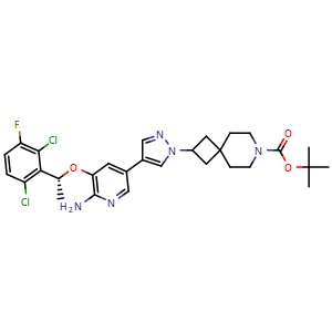 Chemical structure of (R)-tert-butyl 2-(4-(6-amino-5-(1-(2,6-dichloro-3-fluorophenyl)ethoxy)pyridin-3-yl)-1H-pyrazol-1-yl)-7-azaspiro[3.5]nonane-7-carboxylate , AChemBlock Y219063