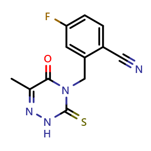 Chemical structure of 4-(2-cyano-5-fluorobenzyl)-6-methyl-3-thio-3,4-dihydro-1,2,4-triazin-5(2H)-one , AChemBlock Y219072