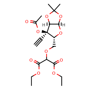 Chemical structure of diethyl 2-(((3aR,5R,6R,6aR)-6-acetoxy-6-ethynyl-2,2-dimethyltetrahydrofuro[2,3-d][1,3]dioxol-5-yl)methoxy)malonate , AChemBlock Y219080