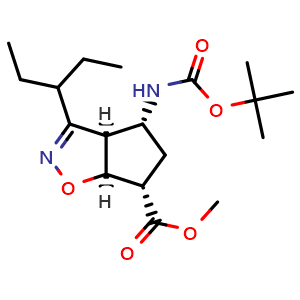 Chemical structure of methyl (3aR,4R,6S,6aS)-4-((tert-butoxycarbonyl)amino)-3-(pentan-3-yl)-3a,5,6,6a-tetrahydro-4H-cyclopenta[d]isoxazole-6-carboxylate , CAS 229613-93-8, AChemBlock Y219084