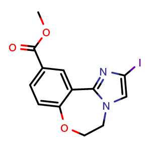 Chemical structure of methyl 2-iodo-5,6-dihydrobenzo[f]imidazo[1,2-d][1,4]oxazepine-10-carboxylate , CAS 1282516-44-2, AChemBlock Y219094