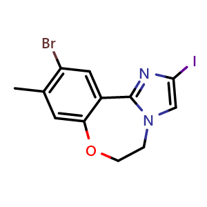 Chemical structure of 10-Bromo-2-iodo-9-methyl-5,6-dihydrobenzo[f]imidazo[1,2-d][1,4]oxazepine , CAS 1401305-33-6, AChemBlock Y219096