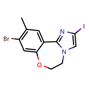 Chemical structure of 9-Bromo-2-iodo-10-methyl-5,6-dihydrobenzo[f]imidazo[1,2-d][1,4]oxazepine , CAS 1403766-75-5, AChemBlock Y219100