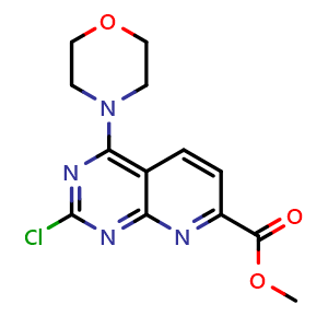 Chemical structure of Methyl 2-chloro-4-morpholinopyrido[2,3-d]pyrimidine-7-carboxylate , CAS 1227958-54-4, AChemBlock Y219119