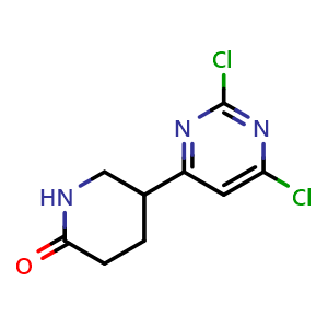 Chemical structure of 5-(2,6-Dichloropyrimidin-4-yl)piperidin-2-one , CAS 1439818-91-3, AChemBlock Y219130