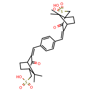 Chemical structure of [(3Z)-3-[[4-[(Z)-[7,7-Dimethyl-2-oxo-1-(sulfomethyl)-3-bicyclo[2.2.1]heptanylidene]methyl]phenyl]methylidene]-7,7-dimethyl-2-oxo-1-bicyclo[2.2.1]heptanyl]methanesulfonic acid , CAS 92761-26-7, AChemBlock Y219144