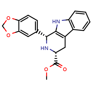 Chemical structure of (1R,3R)-Methyl 1-(benzo[d][1,3]dioxol-5-yl)-2,3,4,9-tetrahydro-1H-pyrido[3,4-b]indole-3-carboxylate , CAS 171596-41-1, AChemBlock Y219146
