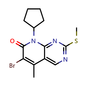 Chemical structure of 6-Bromo-8-cyclopentyl-5-methyl-2-(methylthio)pyrido[2,3-d]pyrimidin-7(8H)-one , CAS 362656-25-5, AChemBlock Y219147