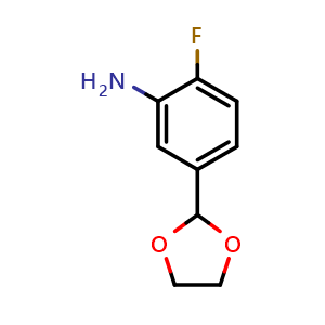 Chemical structure of 5-(1,3-Dioxolan-2-yl)-2-fluorobenzenamine , CAS 95261-87-3, AChemBlock Y219264