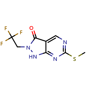 Chemical structure of 6-(methylthio)-2-(2,2,2-trifluoroethyl)-1H-pyrazolo[3,4-d]pyrimidin-3(2H)-one , CAS 2305880-03-7, AChemBlock Y219283