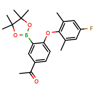 Chemical structure of 1-(4-(4-fluoro-2,6-dimethylphenoxy)-3-(4,4,5,5-tetramethyl-1,3,2-dioxaborolan-2-yl)phenyl)ethan-1-one , CAS 2577549-67-6, AChemBlock Y219287
