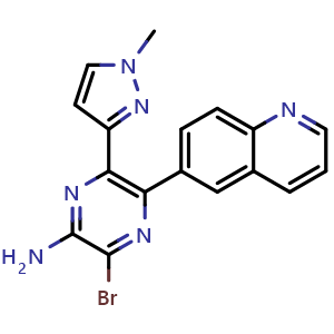 Chemical structure of 3-bromo-6-(1-methyl-1H-pyrazol-3-yl)-5-(quinolin-6-yl)pyrazin-2-amine , CAS 2454052-96-9, AChemBlock Y219288